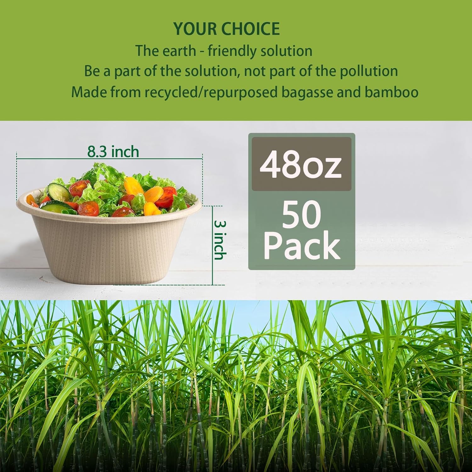 48 Oz Disposable Bowls - Heavy Duty and Compostable Bowl - Made from Sugarcane and Bamboo Fibers, Microwave Safe - Large Paper Bowl for Soup, Salad, Ramen, Popcorn, Etc. [50 Pack]