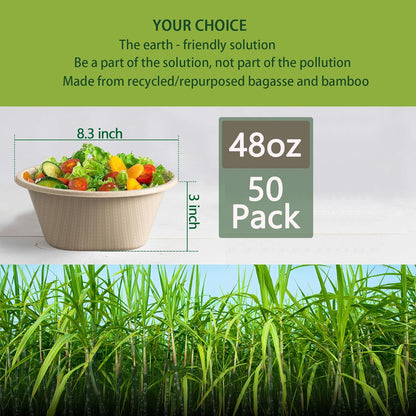 48 Oz Disposable Bowls - Heavy Duty and Compostable Bowl - Made from Sugarcane and Bamboo Fibers, Microwave Safe - Large Paper Bowl for Soup, Salad, Ramen, Popcorn, Etc. [50 Pack]