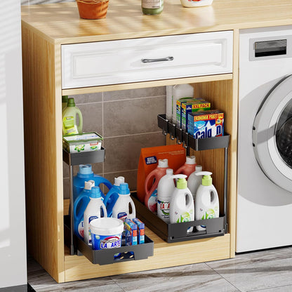 2 Pack under Sink Organizers and Storage, 2 Tier Pull Out Bathroom Cabinet Organizer, L-Shape Black under Bathroom Kitchen Sink Organizer with Drawer for under Sink Storage Organizer