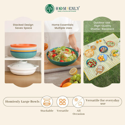 Wheat Straw 10-Inch Large Salad Bowls - Set of 6, Wide and Shallow, Microwave and Dishwasher Safe, Assorted Colors