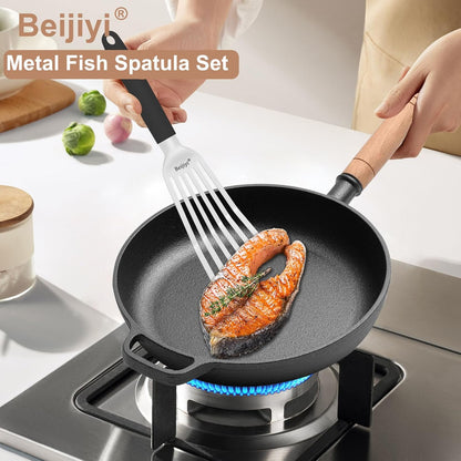 Stainless Steel Fish Spatula, 11.7" Small Metal Spatula for Cast Iron Skillet, Slotted Turner with Silicone Handle, Kitchen Cooking Flipper for Fish, Egg and Burger