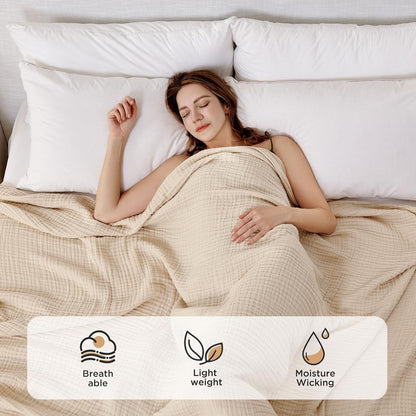100% Cotton Muslin Throw Blanket for Couch Bed and Sofa, 4-Layer Lightweight and Breathable Soft Gauze Blanket for All Season, Luxury Throws Cotton Blanket Gift(Light Tan, 50"X70")