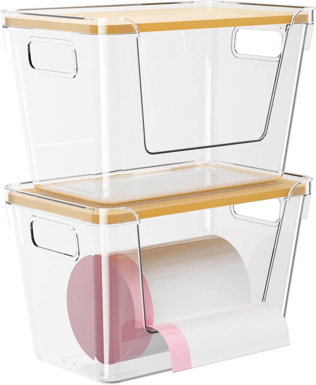 2 Pack Trash Bag Dispenser with Bamboo Lid,Clear Plastic Garbage Bag Organizer for 4-33 Gal Bags,Space-Saving under Sink Organizer for Kitchen, Laundry, Pantry