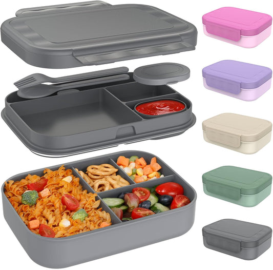 Stackable Bento Lunch Box for Adults and Teens - Durable Leak-Proof 4-Compartment Container with Utensils and Sauce Container, BPA-Free, Dishwasher and Microwave Safe, 47 Oz (Dark Gray)