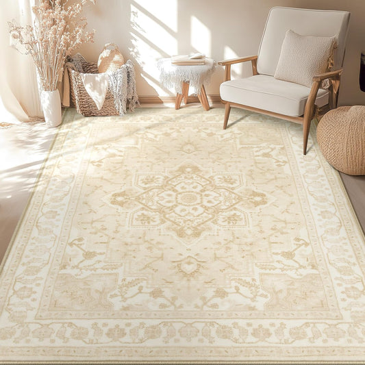 5X7 Area Rugs for Living Room, Washable Ultra Soft Boho Vintage Print Pattern Rug Non Slip Low Pile Carpet for Dining Room Bedroom Entryway Indoor-Light Coffee