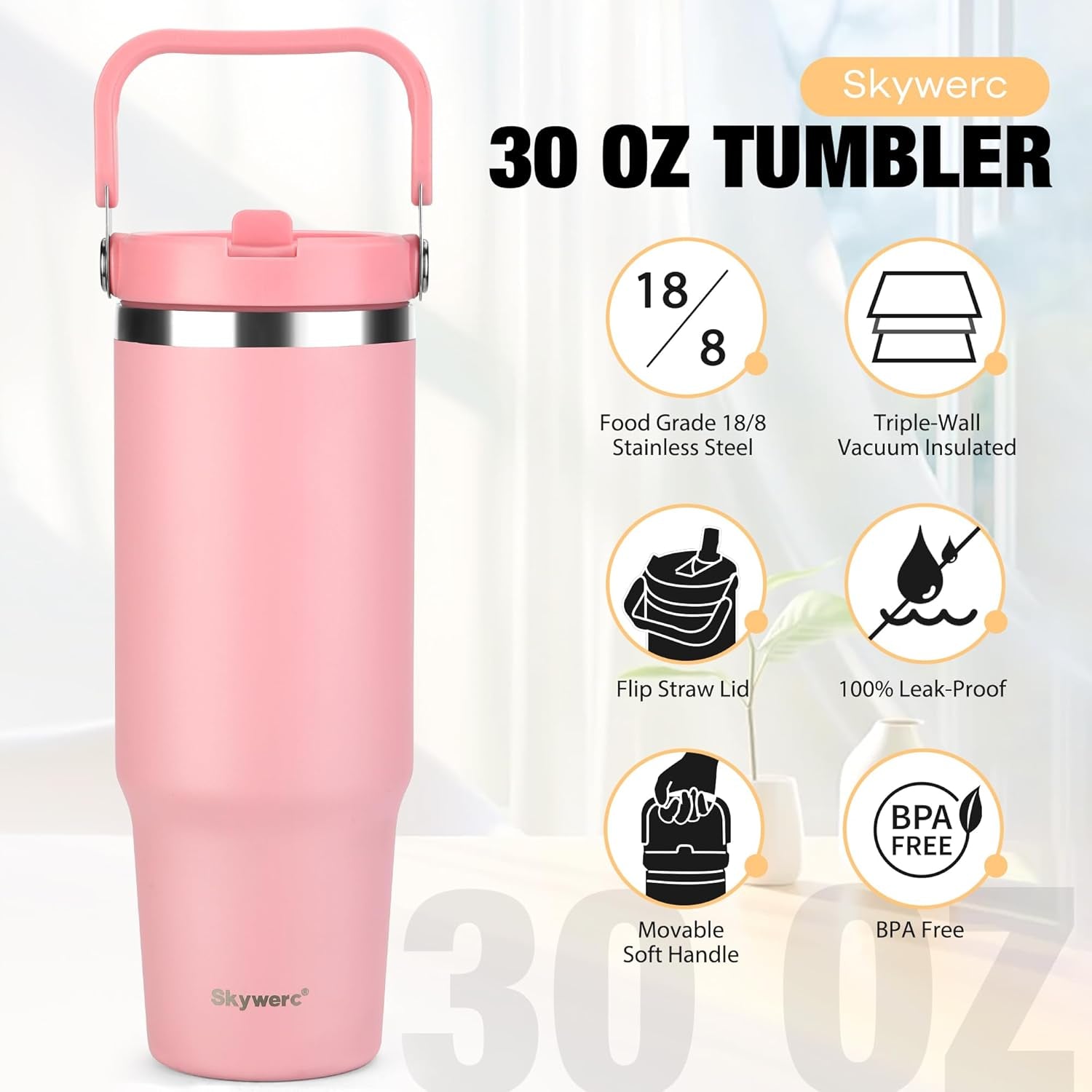 30 Oz Tumbler with Handle and Straw | Vacuum Insulated Water Bottles with Flip Straw and Top Handle | Stainless Steel Travel Mug Reusable Insulated Cup for Home, Outdoors | Cold for 30 Hours | Black