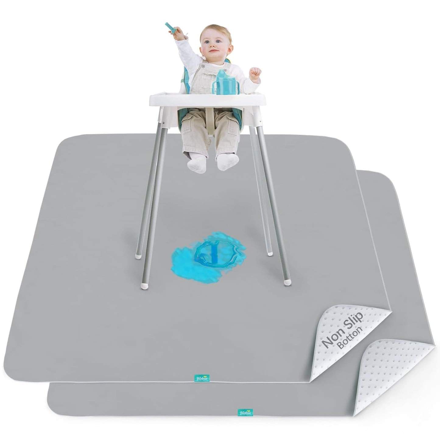 Splat Mat 2 Pack for under High Chair & Arts & Crafts & Eating Mess, Waterproof 42''×46'' Baby Playtime Anti-Slip High Chair Mat for Floor or Table, Reusable & Portable Splash Mat