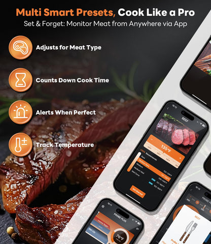 Wireless Meat Thermometer – Stable Bluetooth Smart Probe with ±1.8℉ Accuracy, 0.5S Fast Response & Long-Lasting Battery, IP67 Waterproof, App Controlled for Grill, Oven, Air Fryer