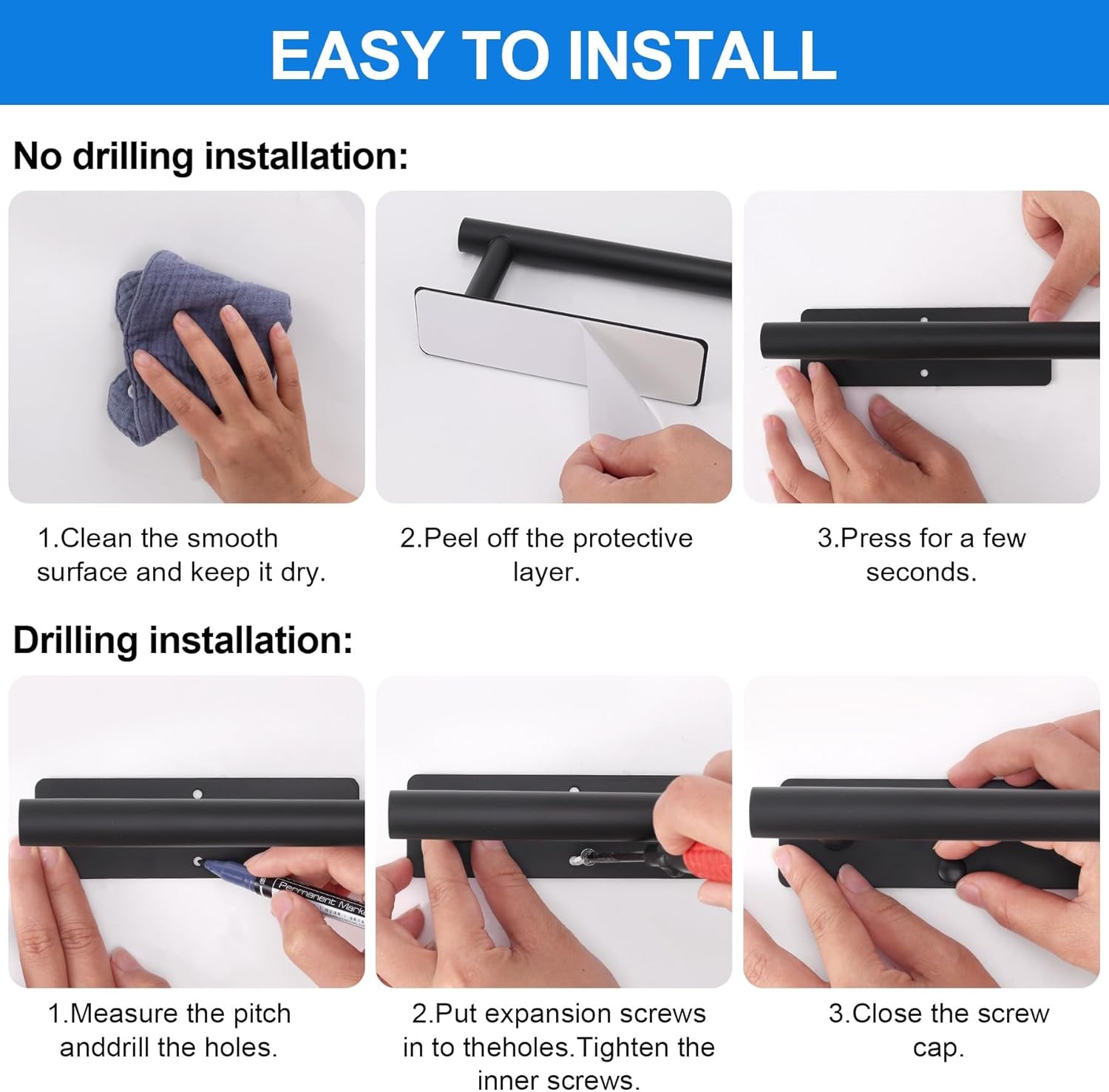 Under Cabinet Paper Towel Holder, Stainless Steel Adhesive or Drill Mount Paper Towel Holder, Wall Mount Paper Towel Holders for Kitchen or Bathroom Black（2 Pack）