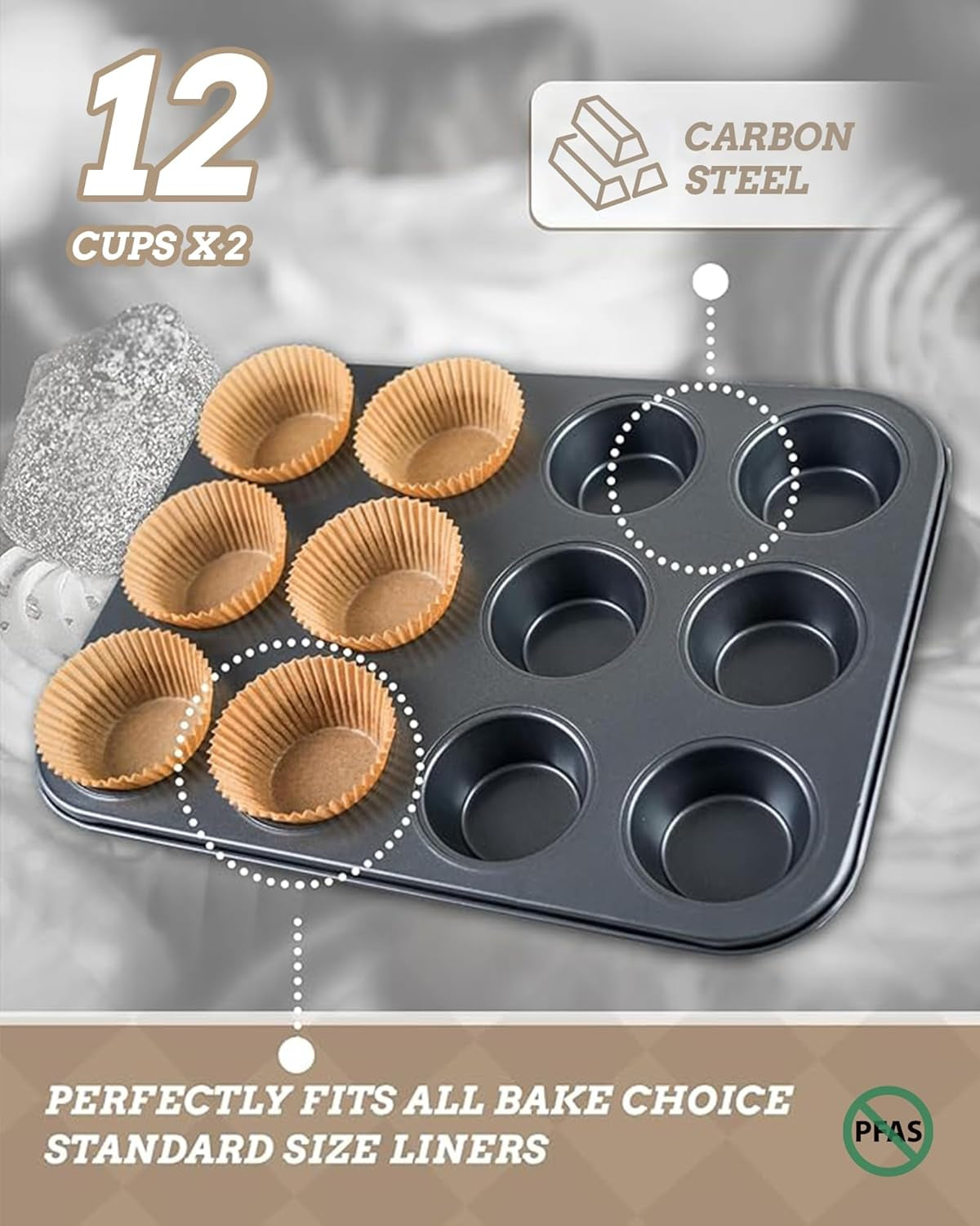 2 Pack Muffin Pan for Baking, Standard Cupcake Pan Includes 100 Natural Cupcake Liners, Muffin Tin Nonstick 12 Cup, Baking Pans Set, Carbon Steel Baking Supplies