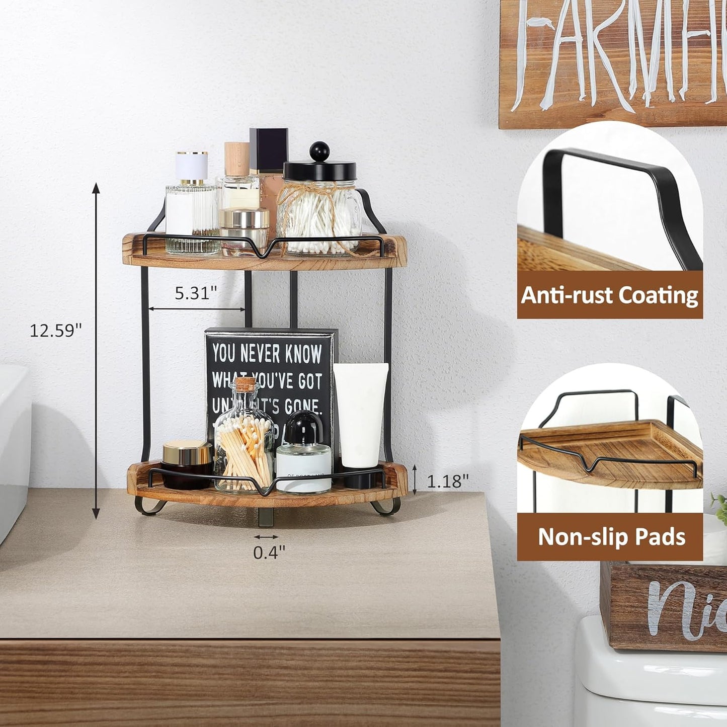 Two-Tier Wooden Corner Bathroom Countertop Organizer for Makeup and Skincare Storage