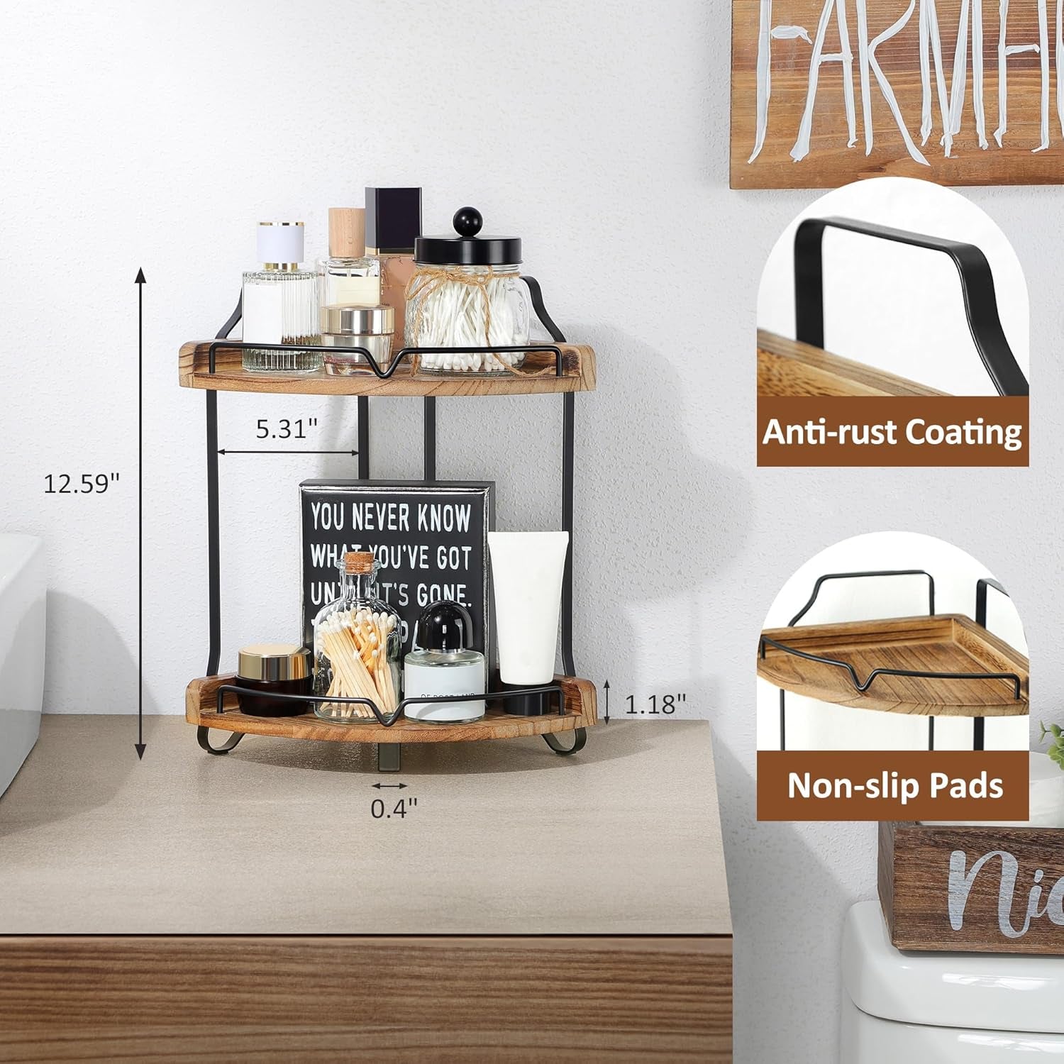 Two-Tier Wooden Corner Bathroom Countertop Organizer for Makeup and Skincare Storage