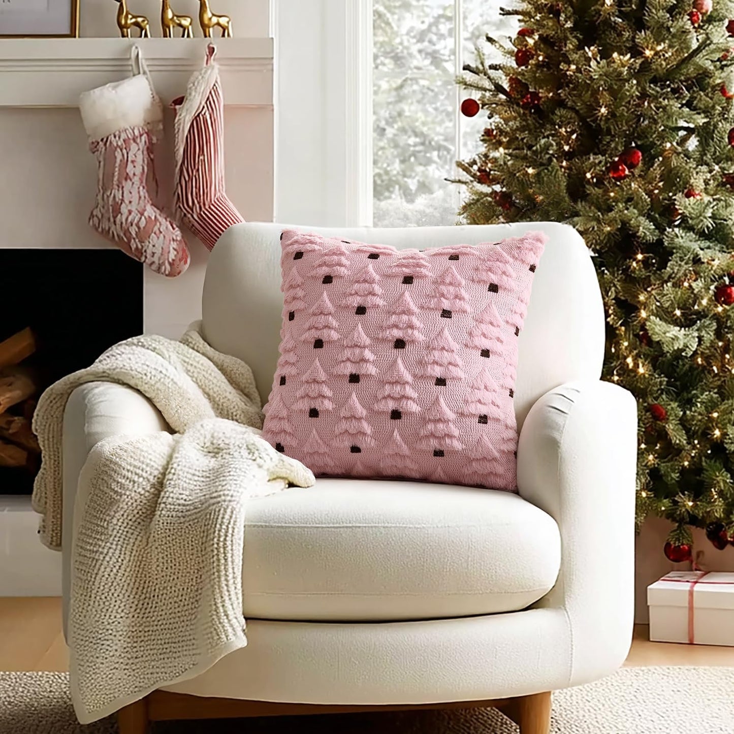 Christmas Tree Decorative Pillow Covers Faux Fur Wool Throw Pillows Soft Plush Cushion Covers Set of 2 Xmas Home Decor Winter Holiday for Sofa Couch Livingroom Bed 18X18 Inch Pink