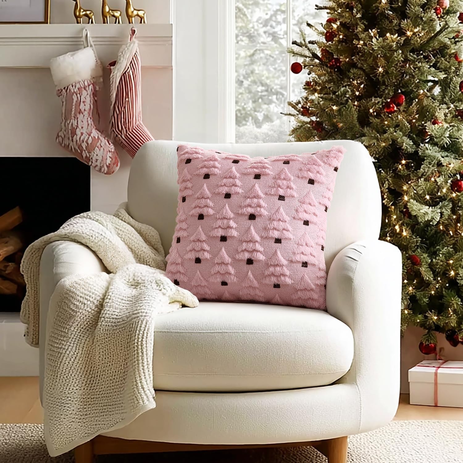 Christmas Tree Decorative Pillow Covers Faux Fur Wool Throw Pillows Soft Plush Cushion Covers Set of 2 Xmas Home Decor Winter Holiday for Sofa Couch Livingroom Bed 18X18 Inch Pink