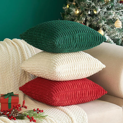 Pack of 2 Christmas Red Corduroy Decorative Pillow Covers 18X18 Inch Soft Boho Striped Throw Pillow Covers Modern Farmhouse Home Decor for Sofa Living Room Couch Bed