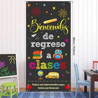 Bienvenidos De Regreso a Clases Banner Spanish Welcome Back to School Banner Door Cover Polyester Hanging Banner Backdrop Porch Sign for First Day of School Classroom Decorations, 70.8 X 35.4Inch