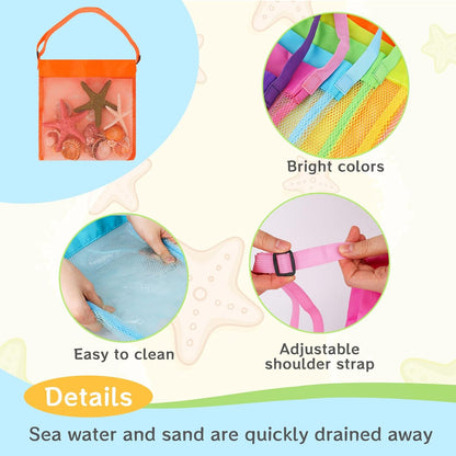 6PCS Mesh Beach Bags for Kids, Colorful Small Seashell Collecting Bags Adjustable Strap for Holding Shell Sand Toy