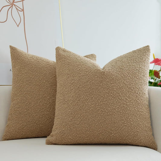 Pack of 2 Textured Boucle Throw Pillow Covers Accent Solid Pillowcovers Home Decor 20 X 20 Inch Light Brown