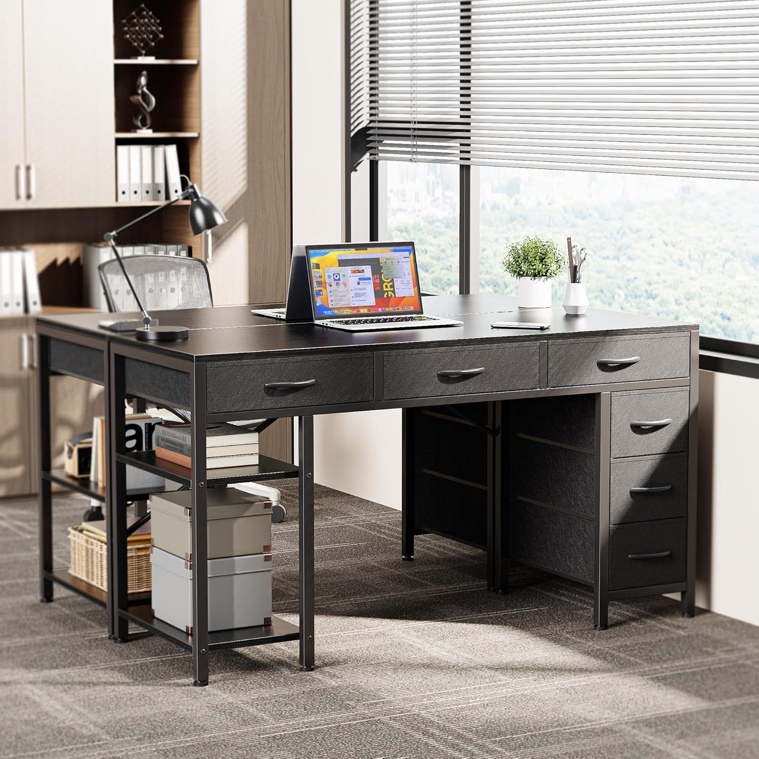 47-Inch Computer Desk with 6 Drawers and Shelves, Versatile Reversible Gaming and Corner Desk with Storage for Home Office, Study, and Living Room, Black