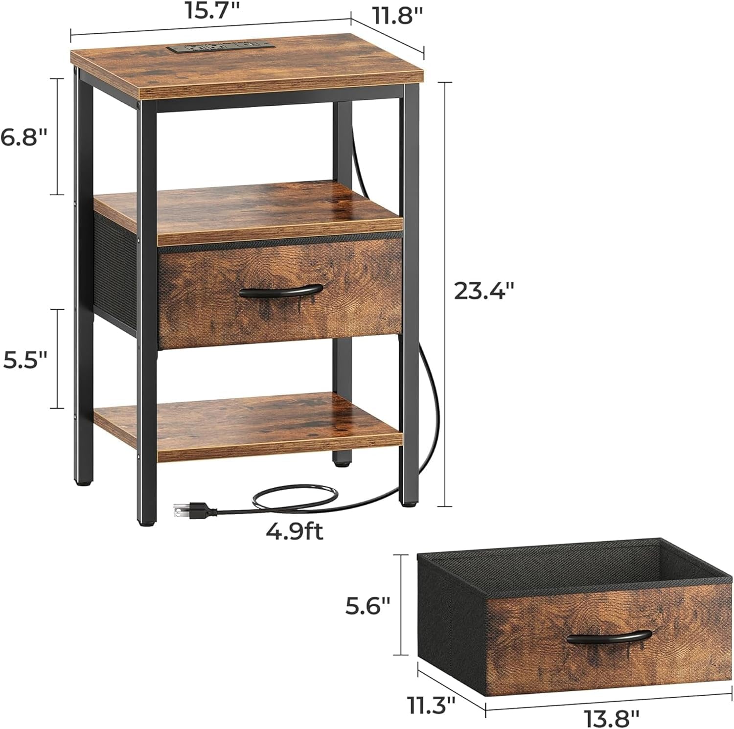 Rustic Brown Nightstand with Integrated Charging Station and Adjustable Fabric Drawer, 3-Tier Storage End Table for Bedroom and Living Room