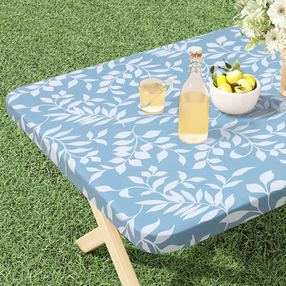 Rectangle Vinyl Tablecloth, Fitted Table Cover, 100% Waterproof, Elastic Edge, Flannel Backing, Plastic Table Cloth Fit 4 Foot Folding Tables for Picnic, Outdoor (Blue Leaves, 24X48 Inch)