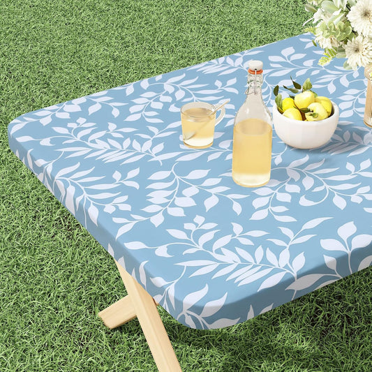 Rectangle Vinyl Tablecloth, Fitted Table Cover, 100% Waterproof, Elastic Edge, Flannel Backing, Plastic Table Cloth Fit 4 Foot Folding Tables for Picnic, Outdoor (Blue Leaves, 24X48 Inch)