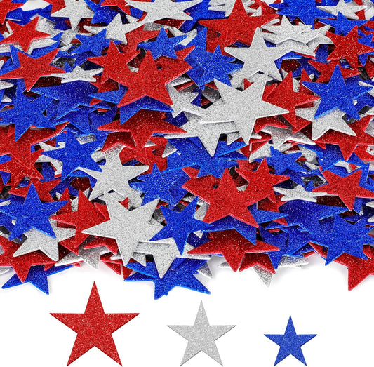 300 PCS 4Th of July Star Stickers, Red Silver and Blue Glitter Stickers, Patriotic Self Adhesive Foam Stickers for Fourth of July Parade Party Accessories Decor Memorial Day Arts Craft Supplies