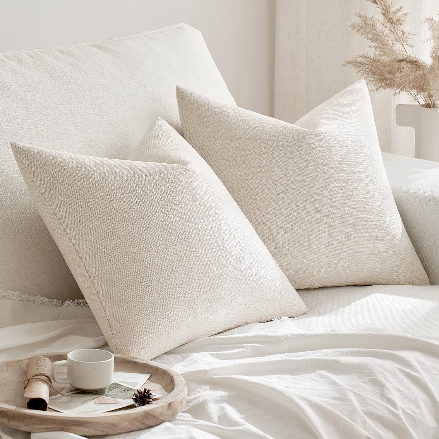 Pack of 2 Decorative Farmhouse Linen Pillow Covers Rustic Boho Accent Outdoor Couch Throw Pillow Covers for Cushion Bed Sofa Living Room Home Decor 18X18 Inch Ivory