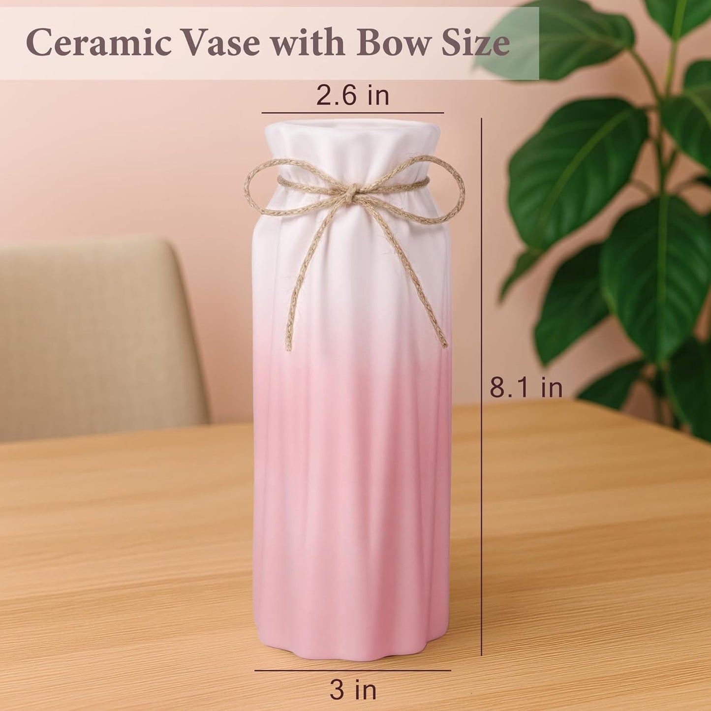 Gradient Pink Ceramic Bow Vase, Flower Vases Minimalism Style for Modern Home Decor, Decorative Vase for Living Room, Coffee Table, Office, Bookshelf and Farmhouse Table
