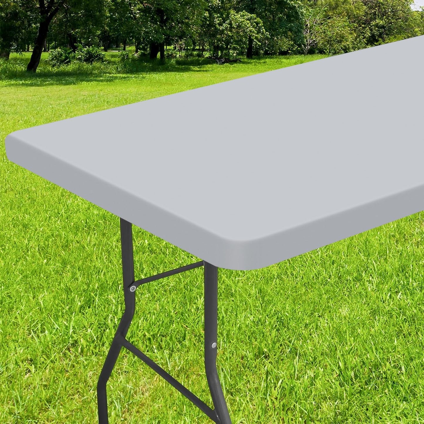 Elastic Fitted Flannel-Backed Vinyl Tablecloth for 6ft Folding Tables, Waterproof and Wipeable, Ideal for Indoor and Outdoor Use (Light Grey, 30" x 72")