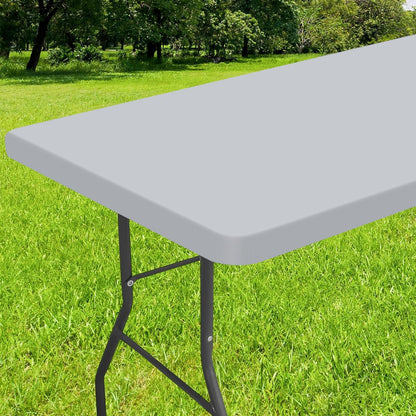 Elastic Fitted Flannel-Backed Vinyl Tablecloth for 6ft Folding Tables, Waterproof and Wipeable, Ideal for Indoor and Outdoor Use (Light Grey, 30" x 72")