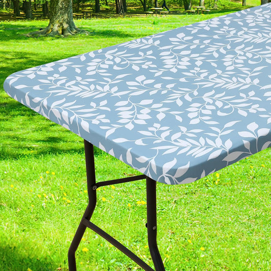 Rectangle Picnic Tablecloth, Waterproof Elastic Fitted Table Covers for 6 Foot Tables, Wipeable Flannel Backed Vinyl Tablecloths for Camping, Indoor, Outdoor (Blue Leaves, 30X72 Inches)