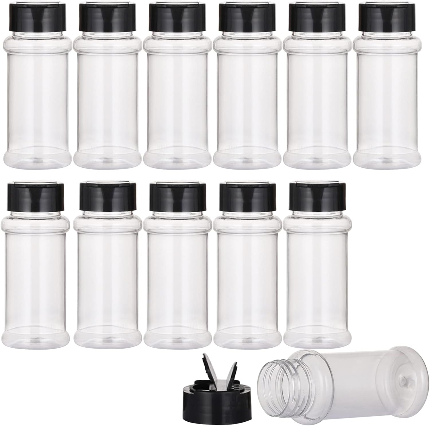 12 PACK - 3.3 Oz Plastic Spice Jars Bottles Containers with Black Screw Lids to Pour or Shake - Perfect for Storing Spice, Herbs and Powders - Lined Cap - BPA Free
