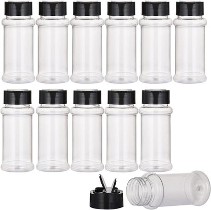 12 PACK - 3.3 Oz Plastic Spice Jars Bottles Containers with Black Screw Lids to Pour or Shake - Perfect for Storing Spice, Herbs and Powders - Lined Cap - BPA Free