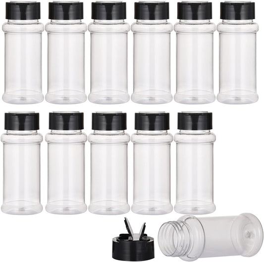 12 PACK - 3.3 Oz Plastic Spice Jars Bottles Containers with Black Screw Lids to Pour or Shake - Perfect for Storing Spice, Herbs and Powders - Lined Cap - BPA Free