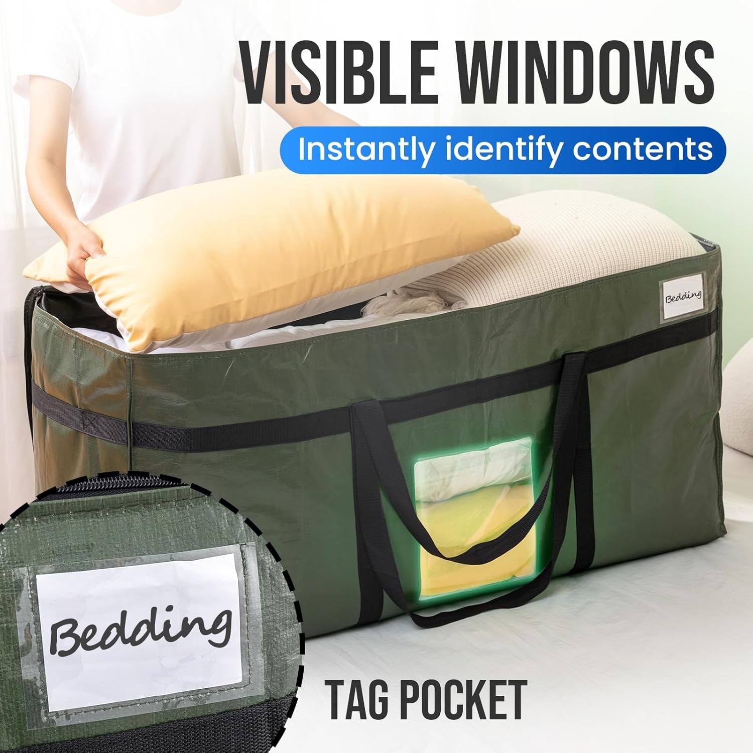 69 Gallon Extra Large Storage Bags, XXL Green Heavy Duty Moving Bags for Storage with Visible Window, Wrap around Handles, Totes for Space Saving, Alternative to Moving Boxes (2 Pack)