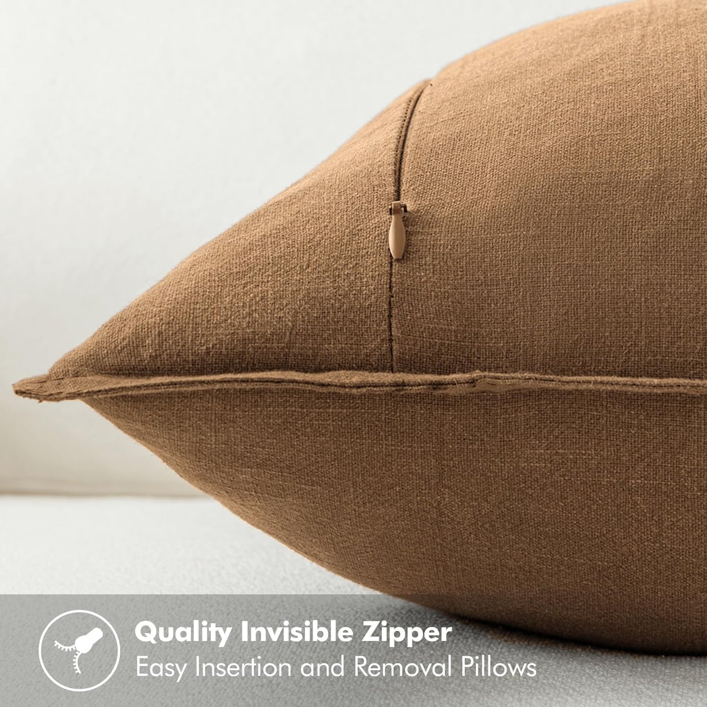 Decorative Linen Euro Sham Pillow Covers 24x24 inches, Brown Boho Farmhouse Neutral Accent Pillows for Bed and Sofa, Set of 2, Modern Living Room Home Decor