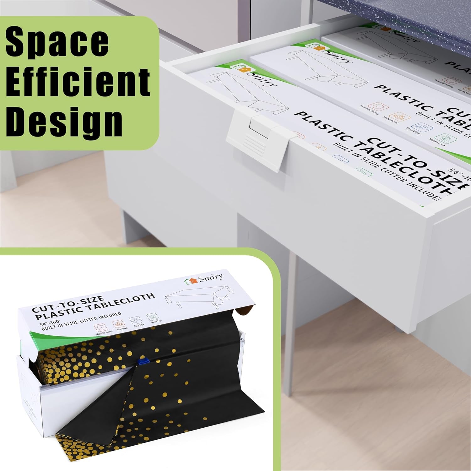 54 Inch X 100 Feet Disposable Table Cover Roll, Black & Gold Plastic Table Cloth in Cut-To-Size Box with Slide Cutter, Waterproof Rectangle Tablecloths for Weddings, Banquets, Outdoor