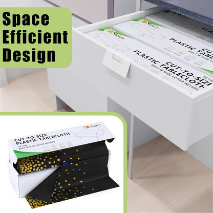 54 Inch X 100 Feet Disposable Table Cover Roll, Black & Gold Plastic Table Cloth in Cut-To-Size Box with Slide Cutter, Waterproof Rectangle Tablecloths for Weddings, Banquets, Outdoor