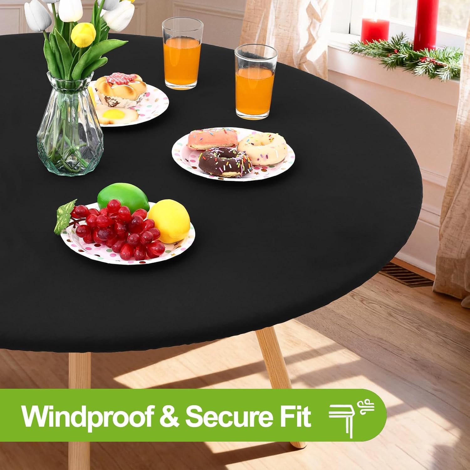 round Spandex Tablecloth, Elastic Fitted Washable Tablecloths for 36"-44" Tables, Waterpoof Stretch Picnic Table Cover for Dining, Indoor and Outdoor, Black