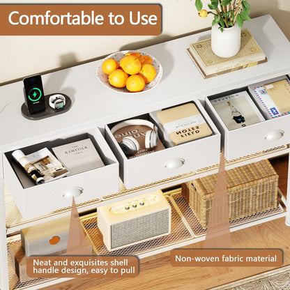 38In Console Table with 3 Drawers, Small Sofa Table with Lights and Power Outlets, Hallway Tables with 3-Tier Shelves, White Narrow Console Table for Entryway, Living Room, Couch, Foyer
