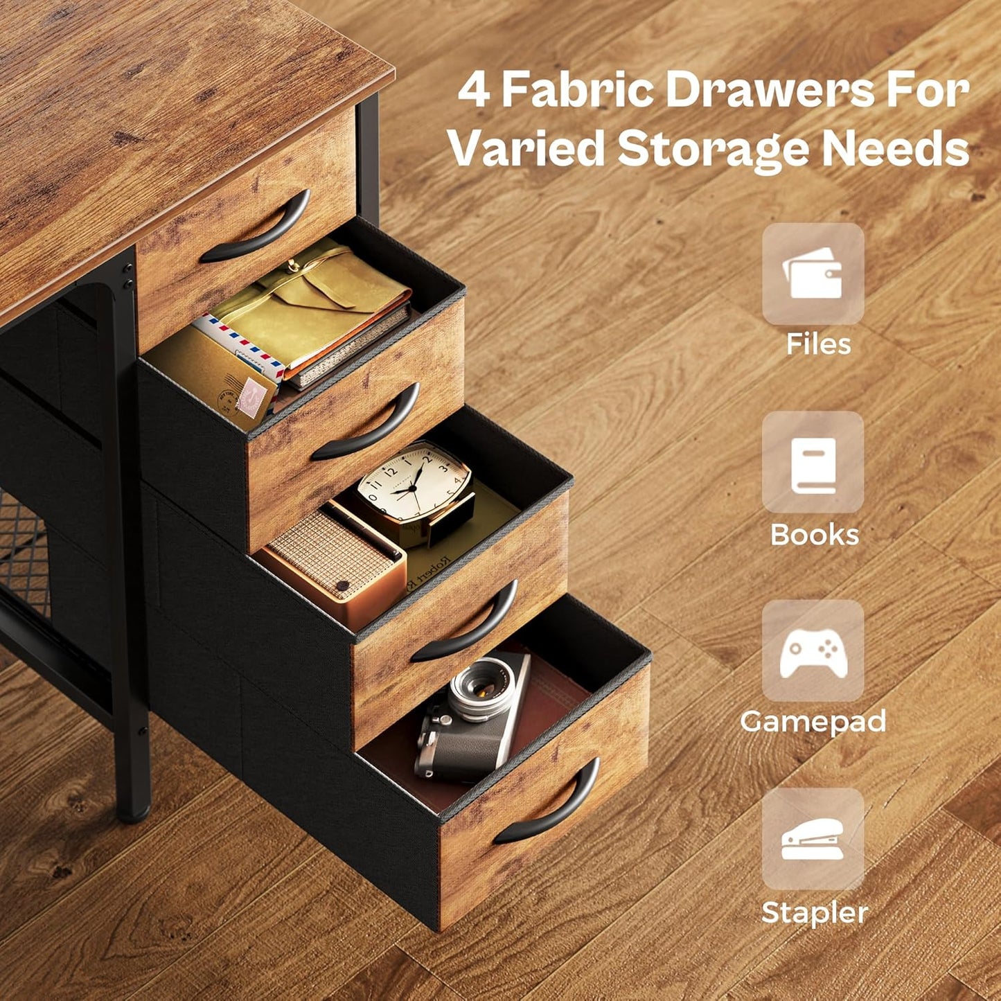 47-Inch Rustic Brown Computer Desk with 4 Drawers and Mesh Shelf for Home Office, Study, and Gaming