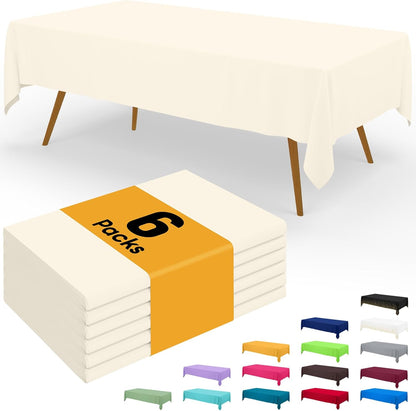 Beige Waterproof Disposable Tablecloths - 6 Pack, 54 x 108 Inch Rectangular Covers for Events, Durable and Leakproof Plastic Table Covers