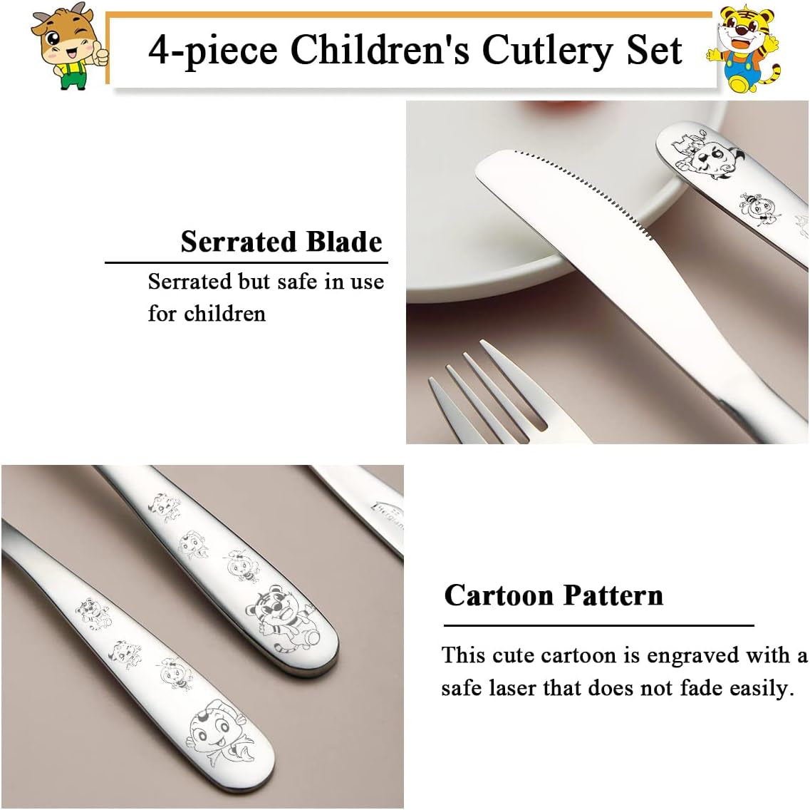 Stainless Steel Toddler Utensils Set - 4-Piece Kids Silverware with Safe Forks and Spoons, Mirror Polished Cutlery, Dishwasher Safe