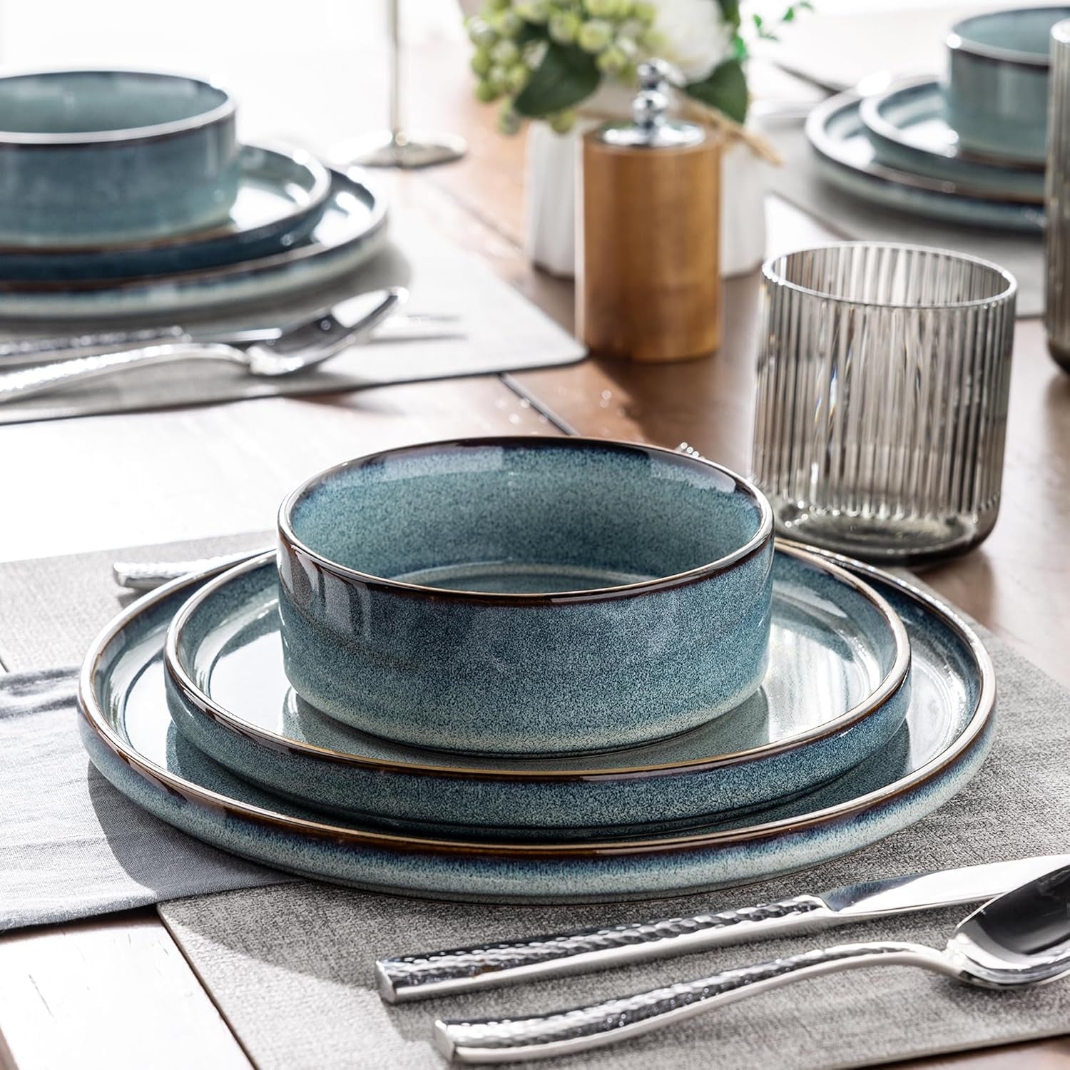 Ceramic Dinnerware Set for Four, 12-Piece Stoneware Plate and Bowl Collection, Reactive Glaze Finish - Scratch Resistant, Dishwasher and Microwave Safe