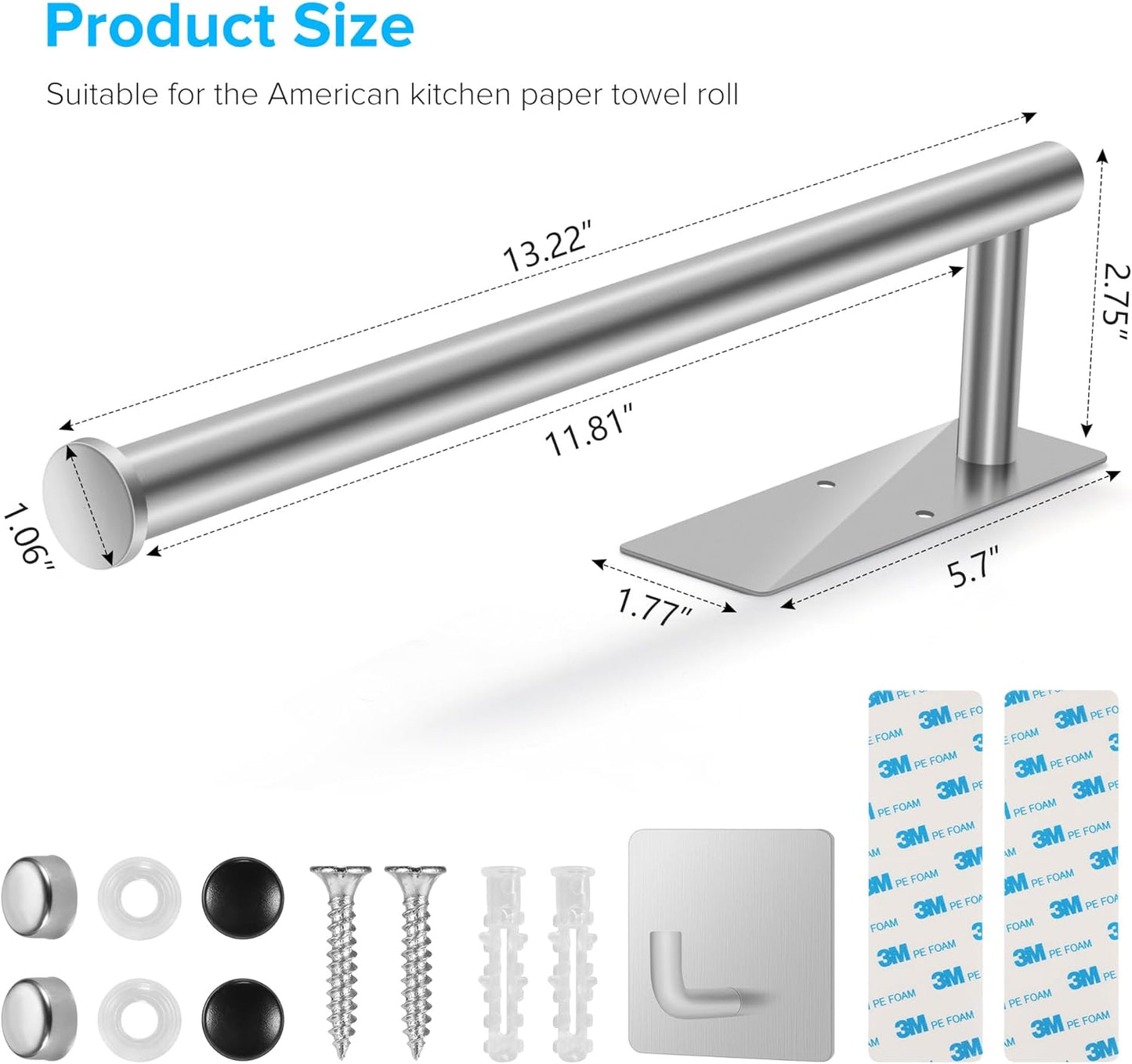 Paper Towel Holder under Cabinet Wall Mounted,  Self Adhesive or Drilling Paper Towel Holder for Kitchen RV, SUS304 Stainless Steel Paper Towel Roll Rack (Black+Silver)