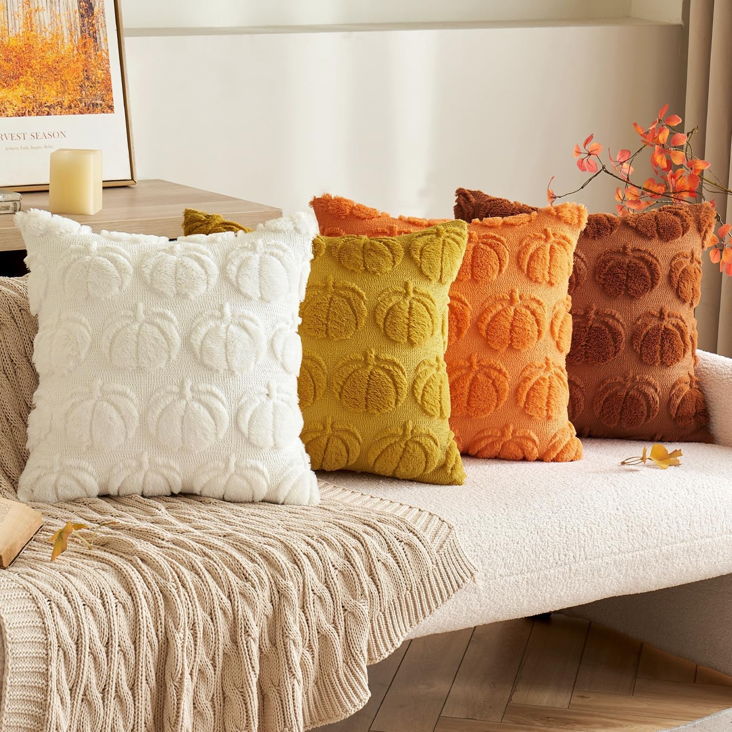 Autumn-Inspired Throw Pillow Covers 18x18 Set of 2 - Cream White Pumpkin Accent Pillowcases for Outdoor and Indoor Decor, Ideal for Sofa, Couch, Bed, and Living Room - Plush Faux Fur Halloween Farmhouse Home Accents