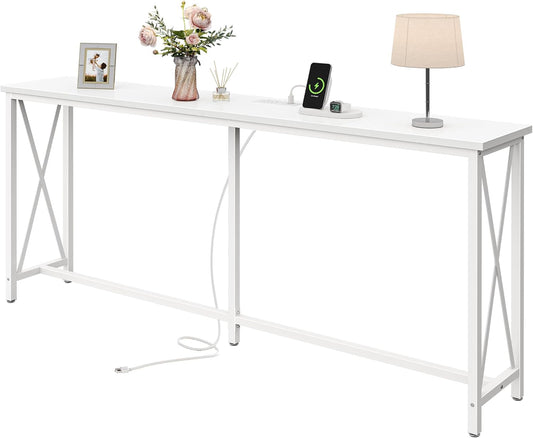 70-Inch Console Table with Outlets and USB-C Port, Extra Long X-Shaped Design for Entryway or Living Room, Narrow Metal Frame with Wooden Top in White