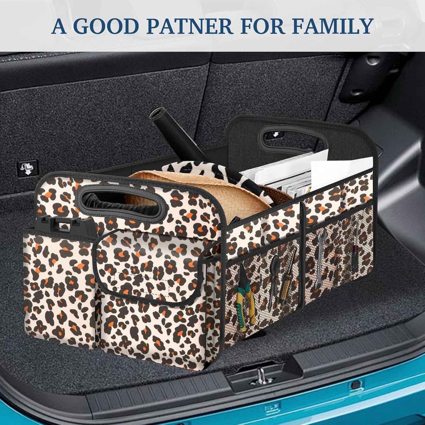 Car Trunk Organizer, Trunk Storage Organizer with Large Capacity Waterproof Collapsible Trunk Organizer for Car Suv/Jeep/Sedan (Leopard Print, Standard)