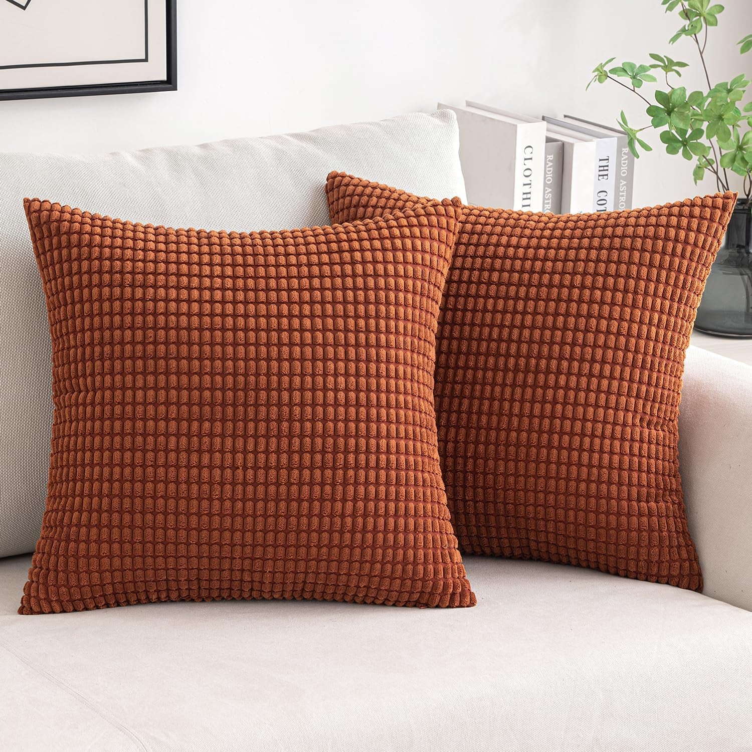 Pack of 2 Fall Pillow Covers 18X18 Inch Granules Soft Corduroy Decorative Throw Pillow Covers for Couch Cushion Sofa Bedroom Living Room, Dark Rust